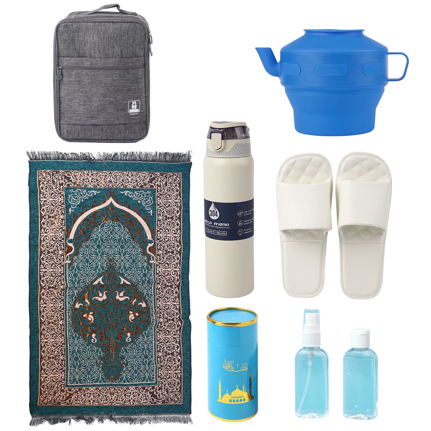 Luxe Islamic Travel Pack with Waterproof Multi-Compartment Bag Includes Bidet, Water Bottle & More Essential Accessories