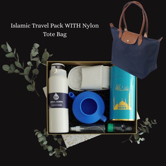 Luxe Islamic Travel Pack with Nylon Tote Bag Includes Collapsible Portable Travel Bidet, Water Bottle & More Essential Accessories