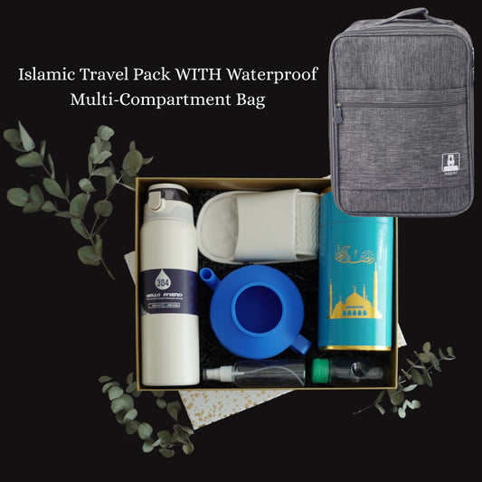 Luxe Islamic Travel Pack with Waterproof Multi-Compartment Bag Includes Bidet, Water Bottle & More Essential Accessories