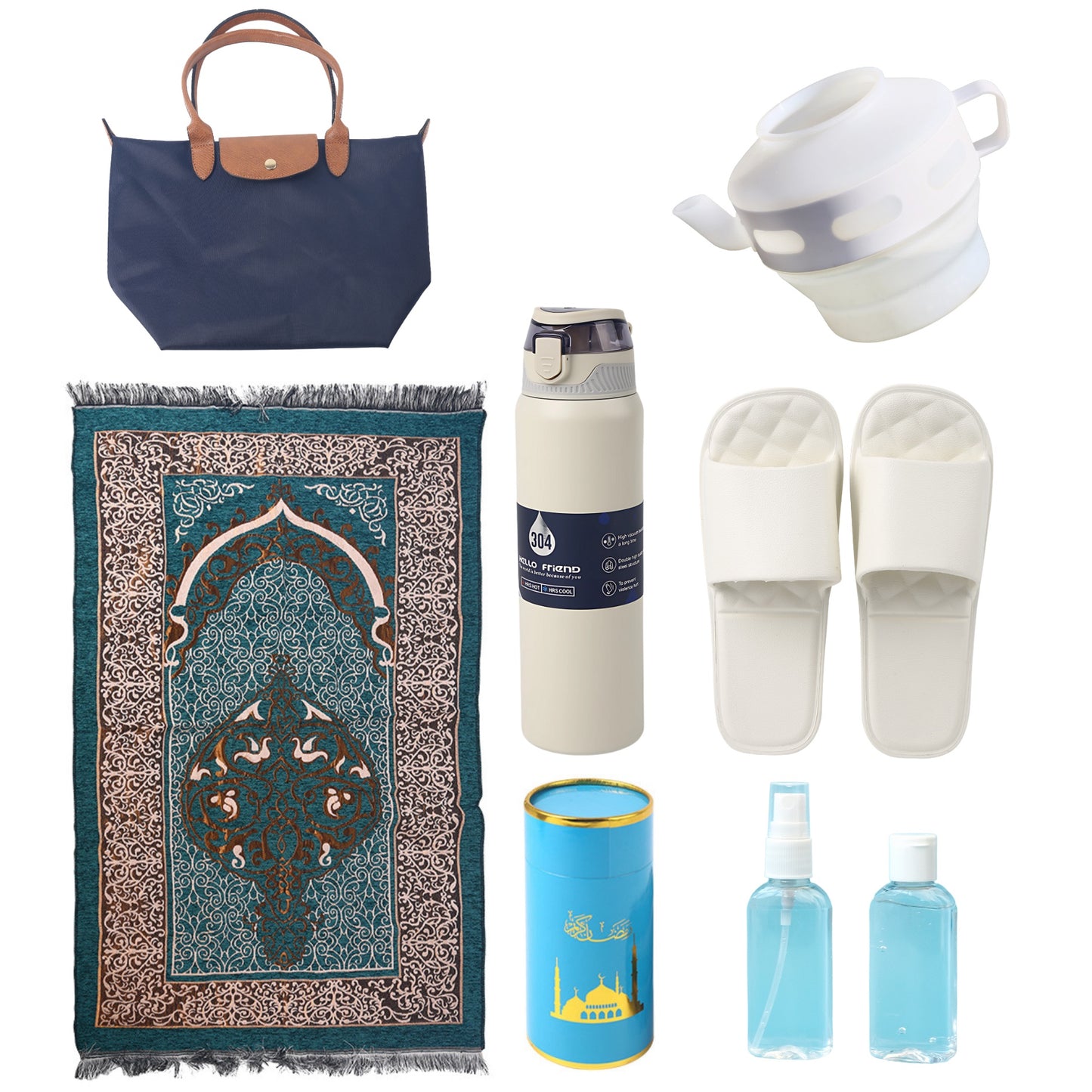 Luxe Islamic Travel Pack with Nylon Tote Bag Includes Collapsible Portable Travel Bidet, Water Bottle & More Essential Accessories