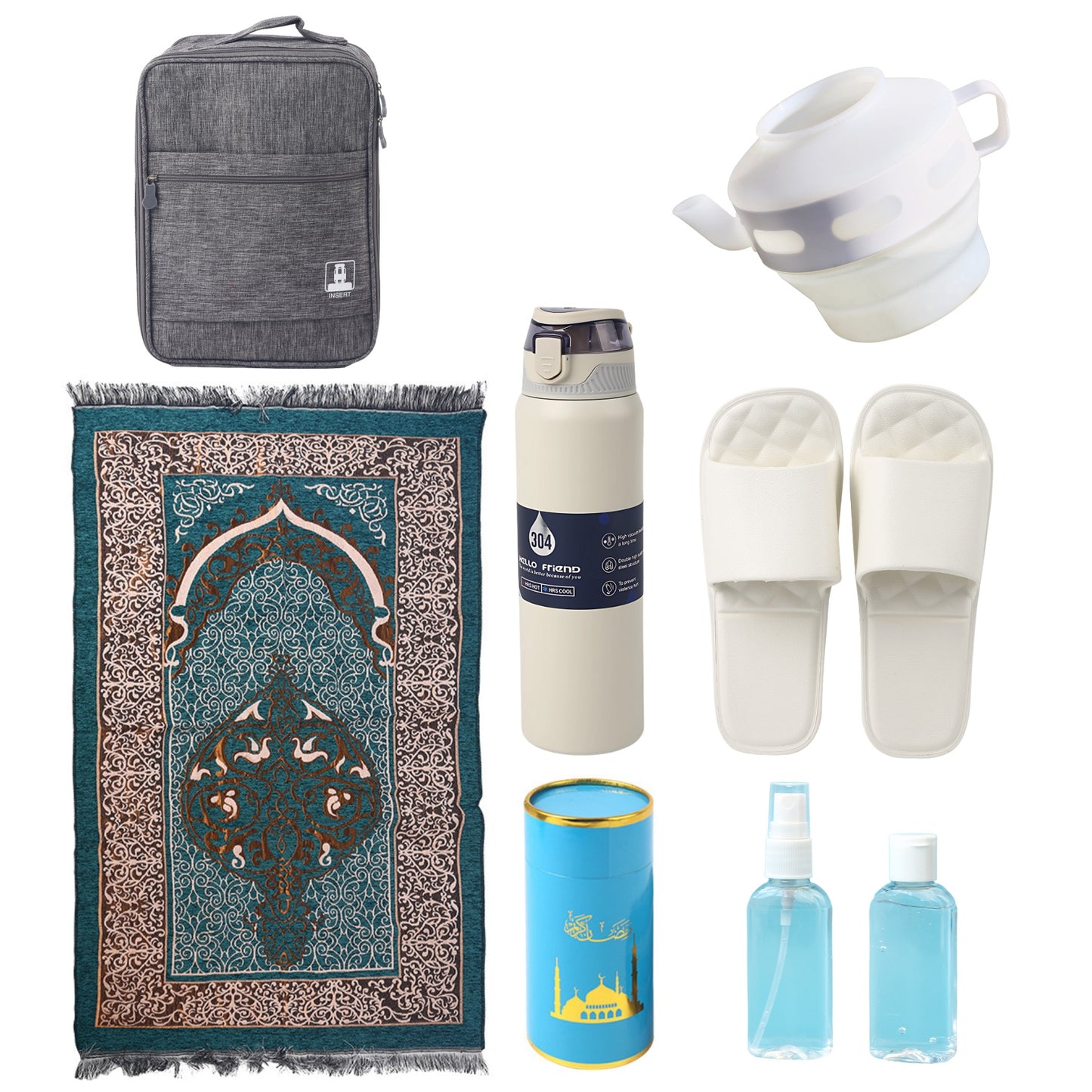 Luxe Islamic Travel Pack with Waterproof Multi-Compartment Bag Includes Bidet, Water Bottle & More Essential Accessories